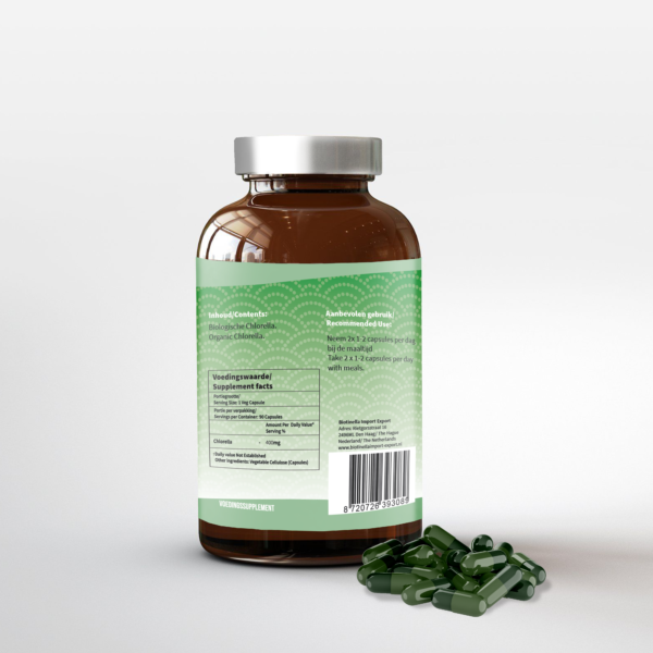 achterzijde etiket pot met supplementen van Chlorella